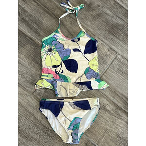 Old Navy Kids Girls Floral Ruffle‎ Bikini Set Size XS 5 Blue Green Pink Sparkle